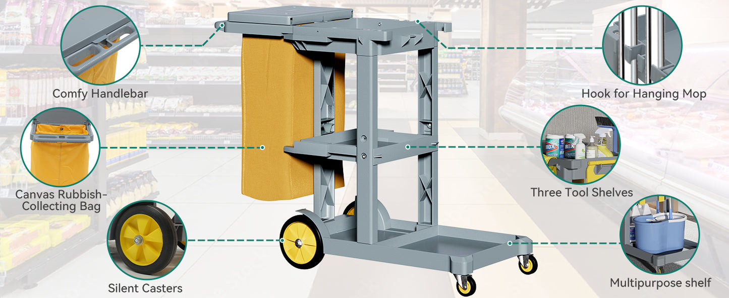 Commercial Hotel Restaurant Cleaning Cart 3-Shelf Commercial Janitorial Cart Housekeeping Cart