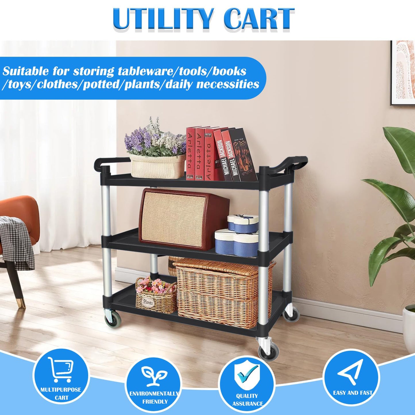 3 Tier Large Service Food Cart Restaurant Trolley Utility Cart Kitchen Catering Shelf Storage