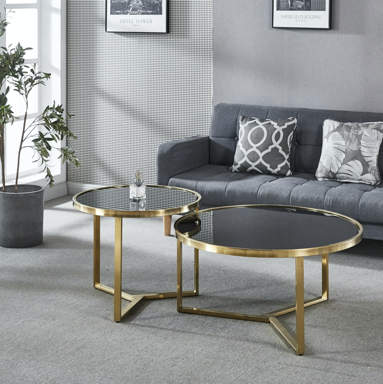 Designer Black Glass & Brushed Gold Coffee Table Set