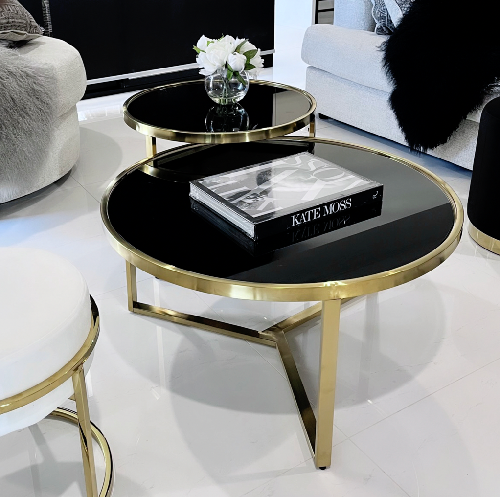 Designer Black Glass & Brushed Gold Coffee Table Set