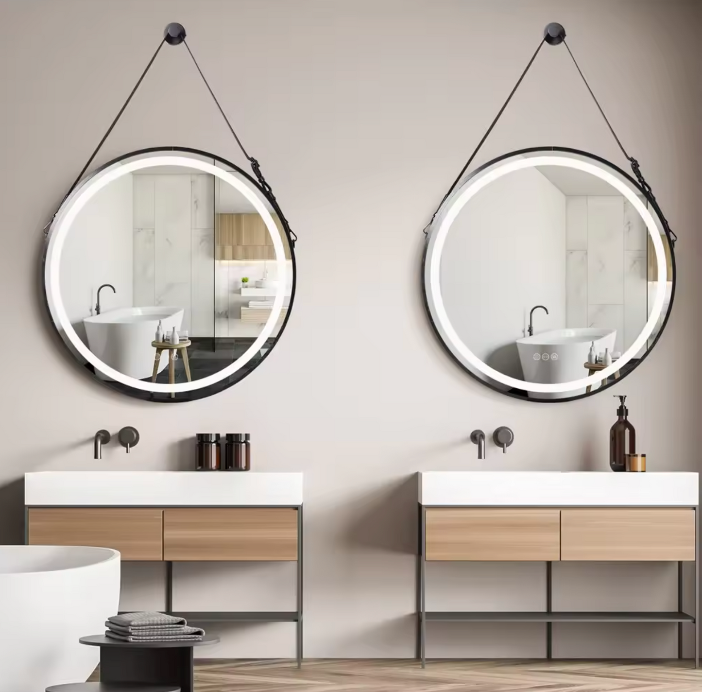 LED Round Hanging Salon / Bathroom Wall Mirror - Black - 60cm