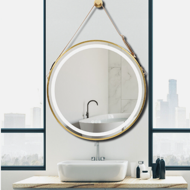 LED Round Hanging Salon / Bathroom Wall Mirror - Gold - 60cm