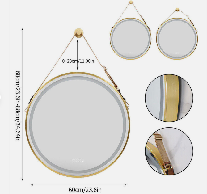 LED Round Hanging Salon / Bathroom Wall Mirror - Gold - 60cm