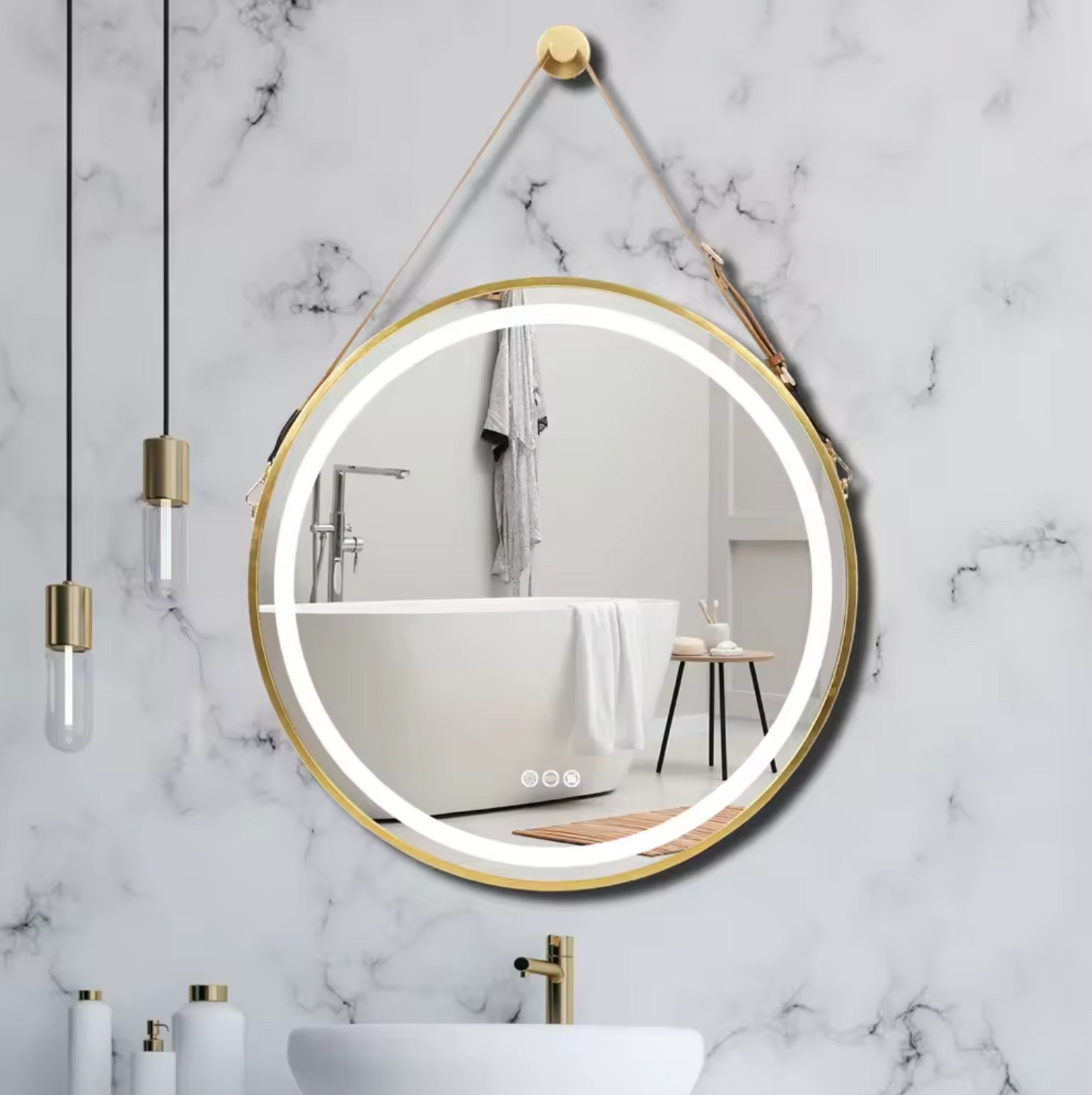 LED Round Hanging Salon / Bathroom Wall Mirror - Gold - 80cm