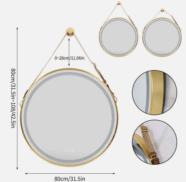 LED Round Hanging Salon / Bathroom Wall Mirror - Gold - 80cm