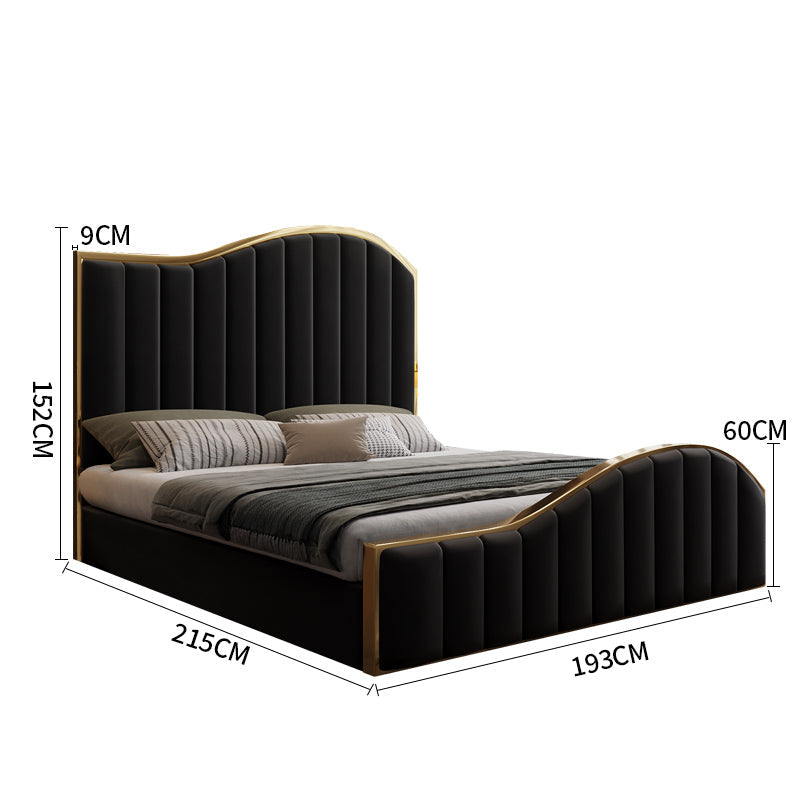 King Size Elegant Luxury Bedframe with Gas Lift Storage Charcoal Velvet Fabric Golden Trim