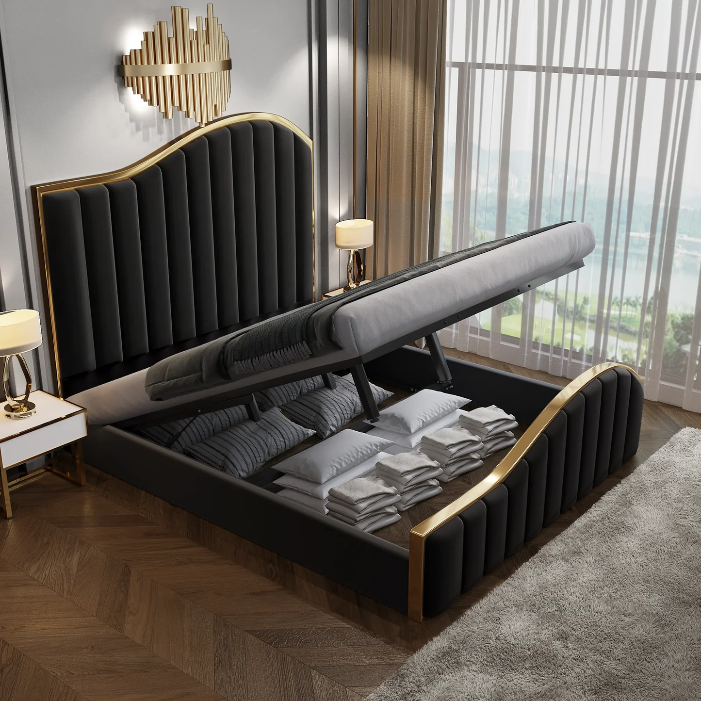 King Size Elegant Luxury Bedframe with Gas Lift Storage Charcoal Velvet Fabric Golden Trim