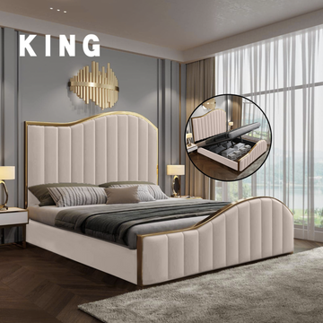 Elegant Luxury King Size Bedframe in Beige with Gas Lift Storage Velvet Fabric Golden Trim