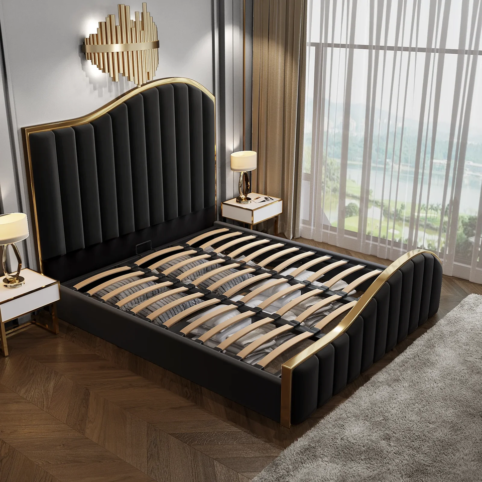 Queen Size Black Velvet Fabric Golden Metal Storage Elegant Luxury Bed Frame