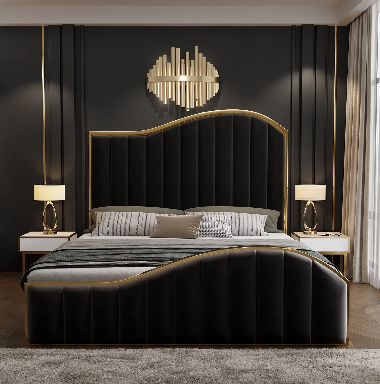 Queen Size Black Velvet Fabric Golden Metal Storage Elegant Luxury Bed Frame