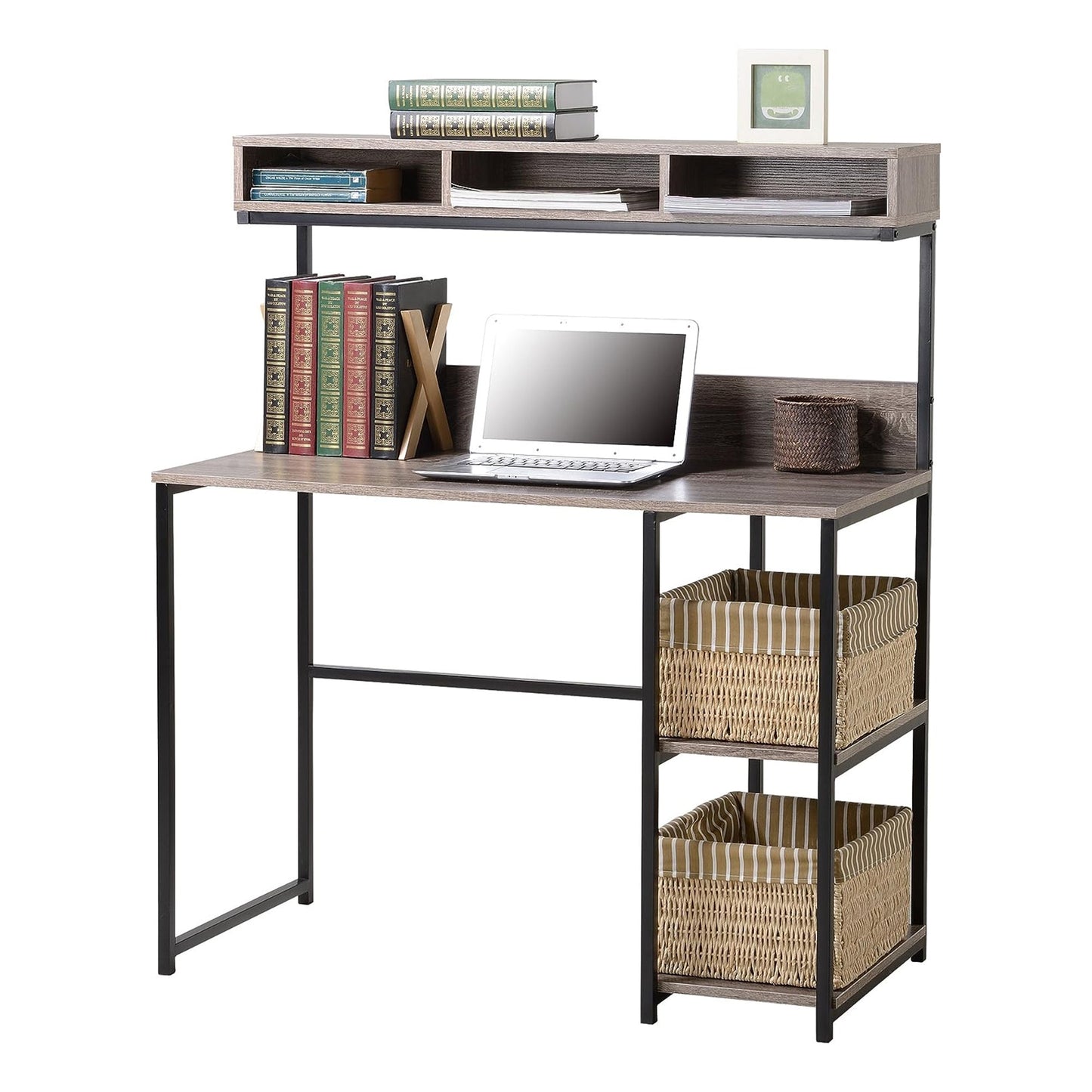 Computer Desk with Hutch in Greyish Brown