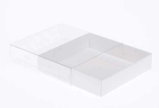 50 Pack 10cm Square Invitation CoFavor Gift Box - 4cm Deep White Card with Clear Slide On PVC Lid for Function Presentation Cookie Biscuit Patisserie