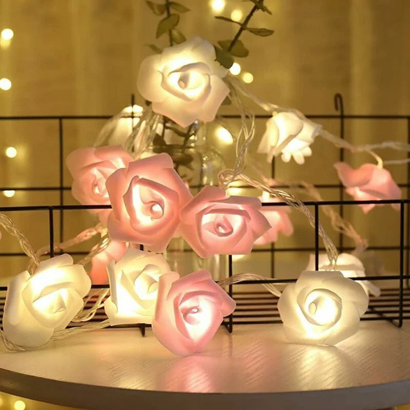50 Pink n White Rose 3D Fairy Lights 5M LONG String, Battery (AA) Indoor & Outdoor Decorations Wedding Valentines Romantic Room Table Lighting