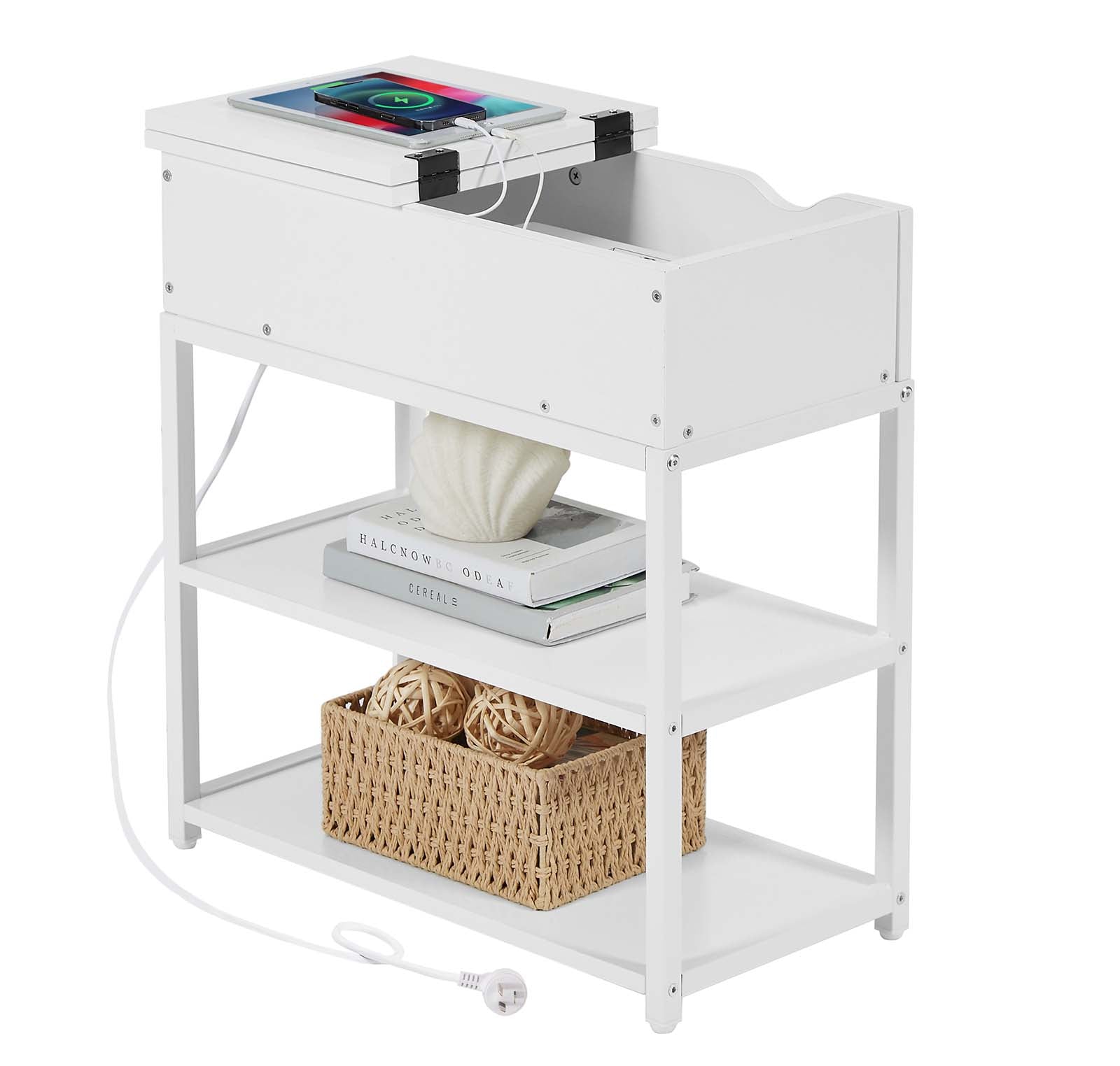 Casadiso Bedside Table with Powerboard - Multi-Tier Sleek White Side Table with Charging Station (Casadiso Saiph Pro)