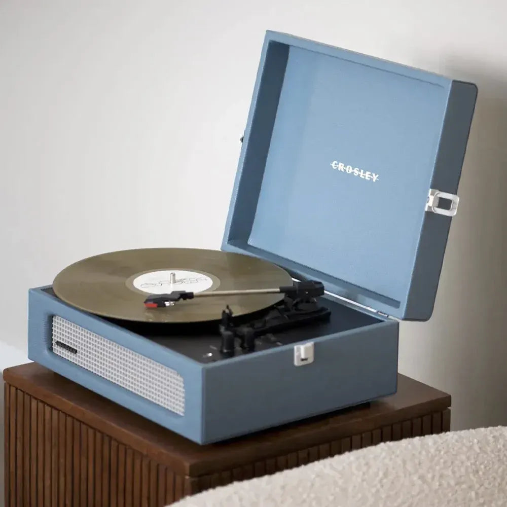 Crosley Voyager Bluetooth Portable Turntable + Gadhouse Vinyl Rack Bundle - Washed Blue