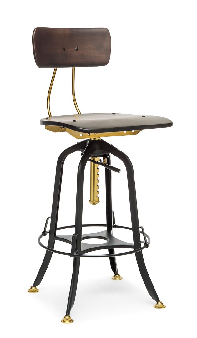 Industrial Wooden Height Adjustable Swivel Bar Stool Chair with Back - Gold Black