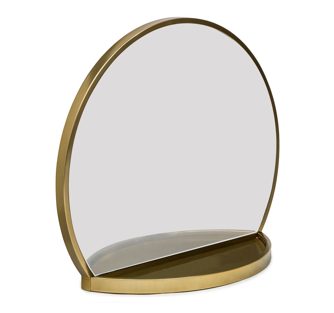 Round Table Wall Mirror with Shelf Storage in Brass Finish