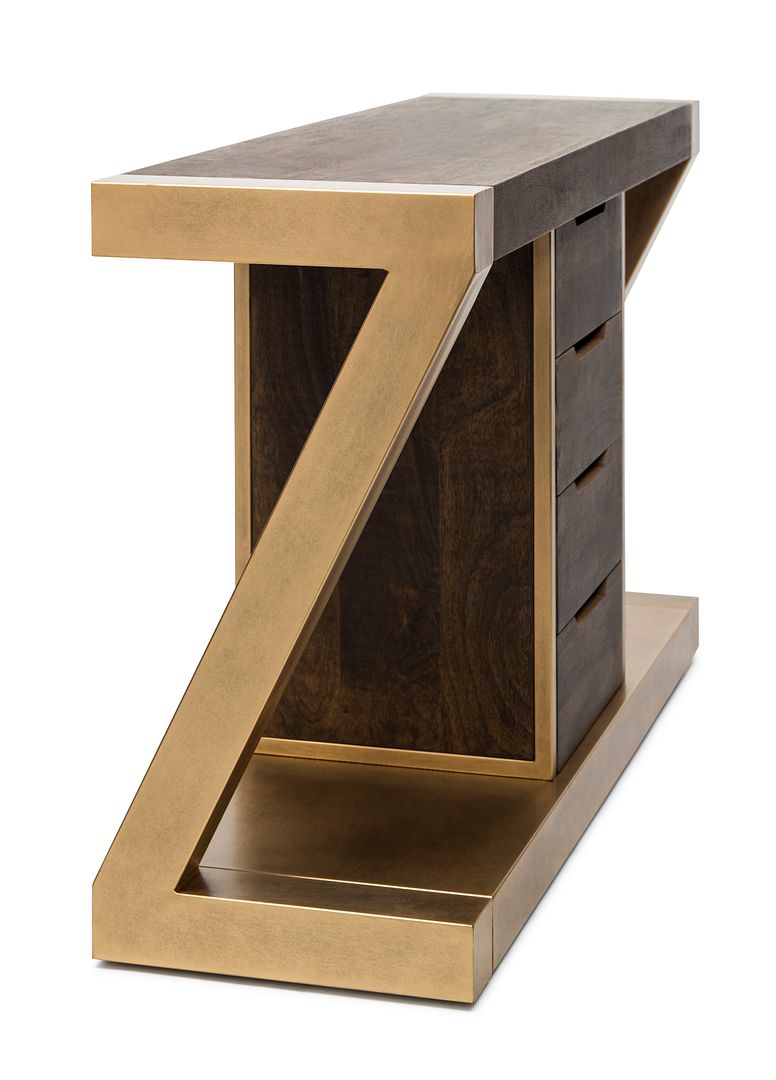 Contemporary Brass Wooden Z-Shaped Hallway Console Table with Drawers