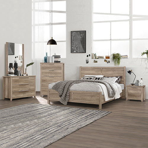 Bedroom Suite 5PC Double Size Oak Colour MDF Structure with Bed, Bedside Table, Tallboy & Dresser