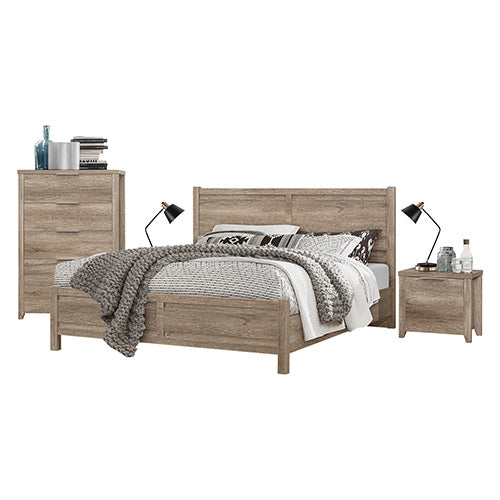 5 Pieces Bedroom Suite Natural Wood Like MDF Structure Double Size Oak Colour Bed, Bedside Table, Tallboy & Dresser