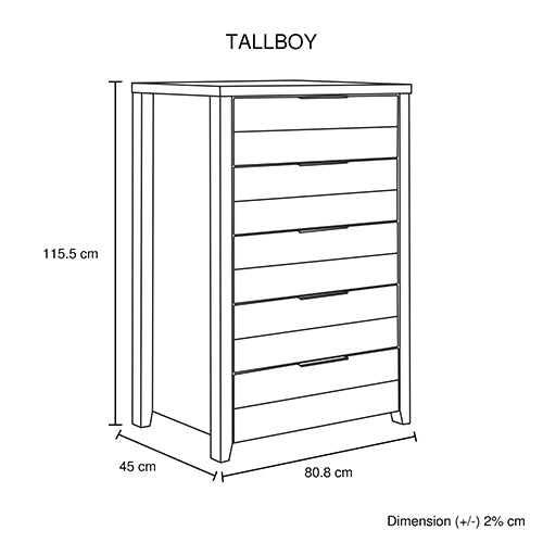 Bedroom Suite 5PC Double Size Oak Colour MDF Structure with Bed, Bedside Table, Tallboy & Dresser