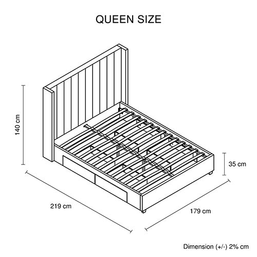 Queen Size High Rise Headboard Beige Fabric Four MDF Drawers with Wheels Bed Frame