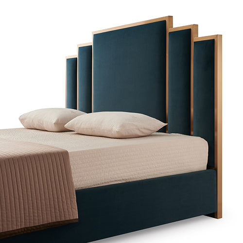 Austin Bed Frame Polyester Turquoise Fabric Padded Upholstery with High-Quality Slats and Polished Stainless Steel Feet