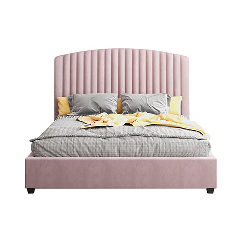 Camelia Bed Frame Double Size Pink Velvet Upholstery High Headboard Quality Slats Metal Structure