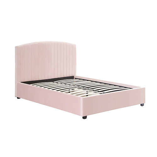 Camelia Bed Frame Double Size Pink Velvet Upholstery High Headboard Quality Slats Metal Structure