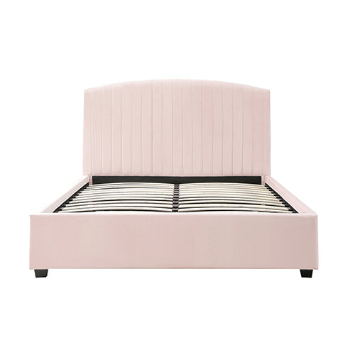 Camelia Bed Frame Double Size Pink Velvet Upholstery High Headboard Quality Slats Metal Structure