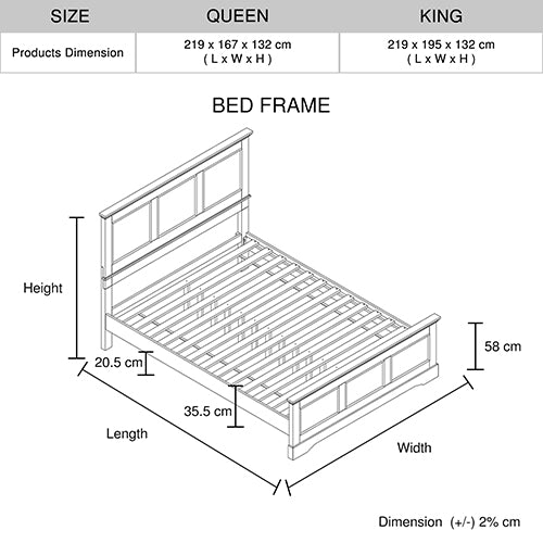 King Bed Frame in Solid Wood with Slats Support - Grey