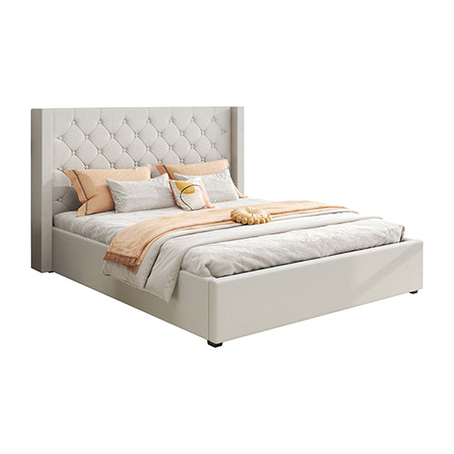 Veronica Bed Frame Double Size Winged Grey Fabric Seam Grid Pattern with Gas Lift Plywood Metal Structure