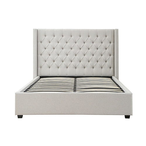 Veronica Bed Frame Double Size Winged Grey Fabric Seam Grid Pattern with Gas Lift Plywood Metal Structure