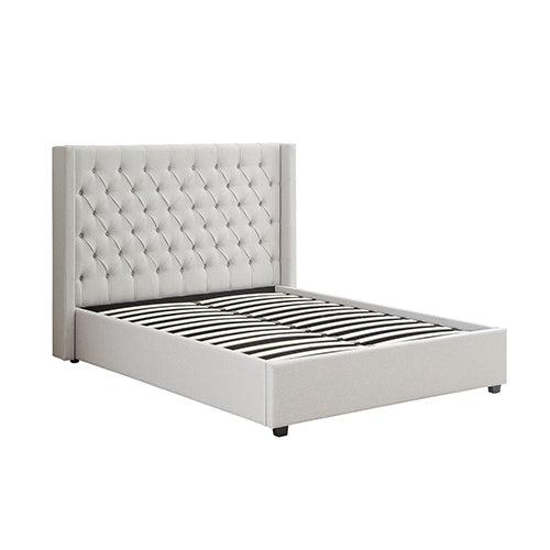 Veronica Bed Frame Double Size Winged Grey Fabric Seam Grid Pattern with Gas Lift Plywood Metal Structure