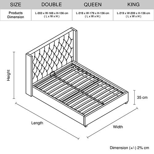 Veronica Bed Frame Double Size Winged Grey Fabric Seam Grid Pattern with Gas Lift Plywood Metal Structure