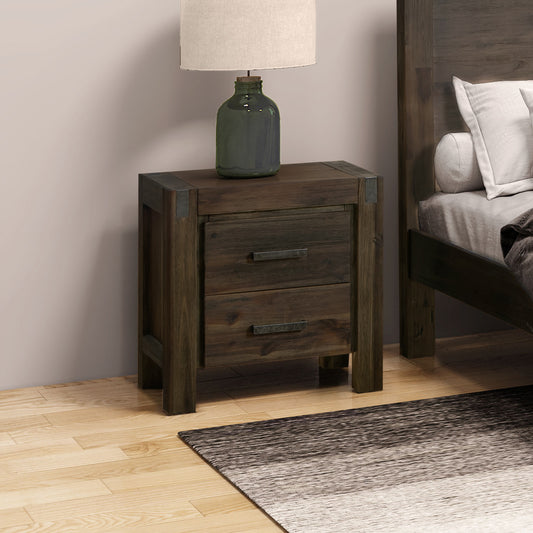 Bedside Table 2-Drawer Night Stand - Solid Wood Acacia Storage in Chocolate