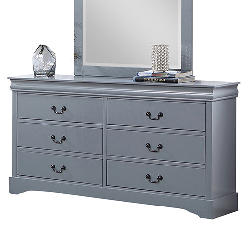 Dressing Chest with 6 Storage Drawers Solid Wood Mirror Metal Handles - Grey