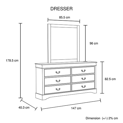 Dressing Chest with 6 Storage Drawers Solid Wood Mirror Metal Handles - Grey