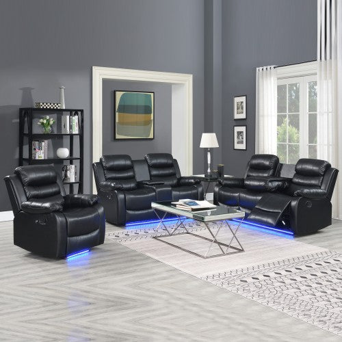 3-2-1 Seater Seater Finest Black Leatherette Recliner Feature Console LED Light Ultra Cushioned