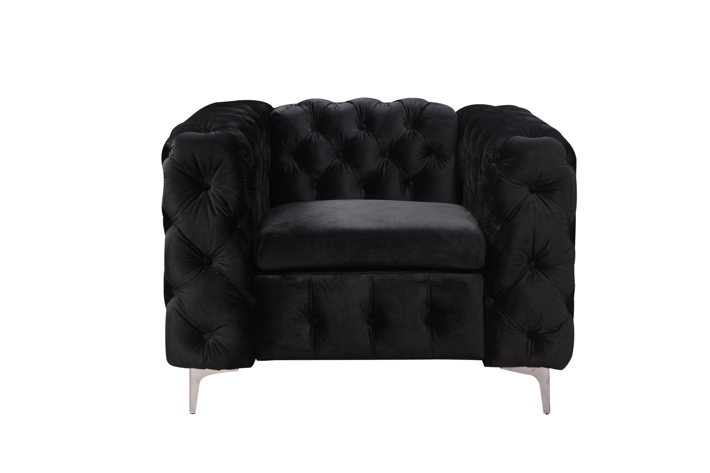 Single Seater Black Sofa Classic Armchair Button Tufted in Velvet Fabric with Metal Legs