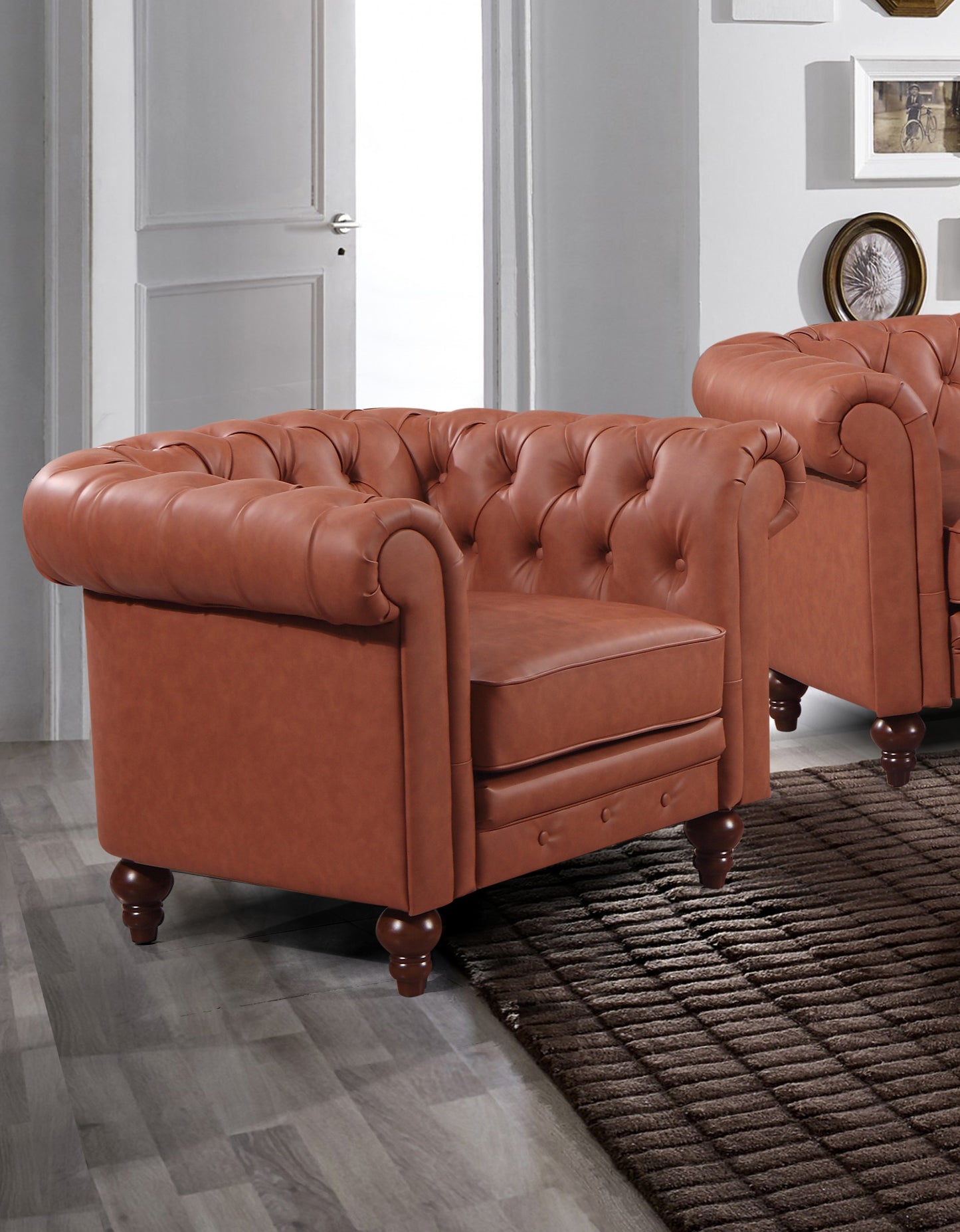 Single Seater Brown Sofa Armchair for Lounge Chesterfireld Style Button Tufted in Faux Leather