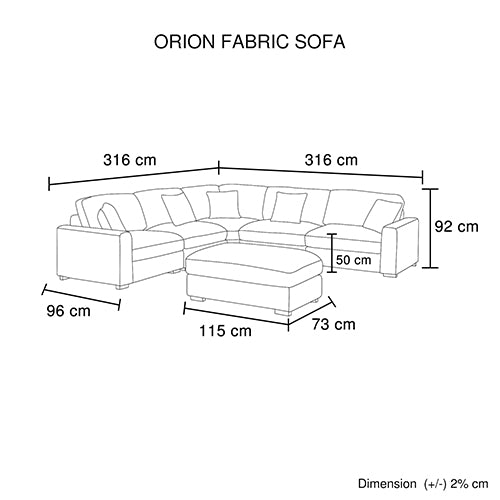 Orion Corner Sofa Premium Fabric Upholstery Padded Seat Wooden Frame with Rubber Wooden Legs and Ottoman