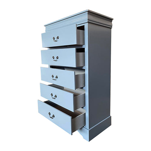 Tallboy with 5 Storage Drawers Solid Wood Metal Handles - Grey