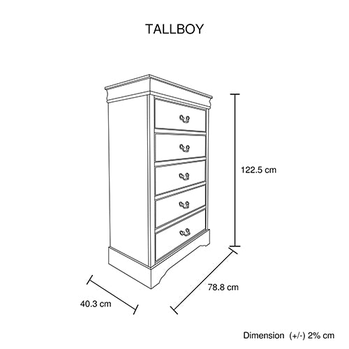 Tallboy with 5 Storage Drawers Solid Wood Metal Handles - Grey