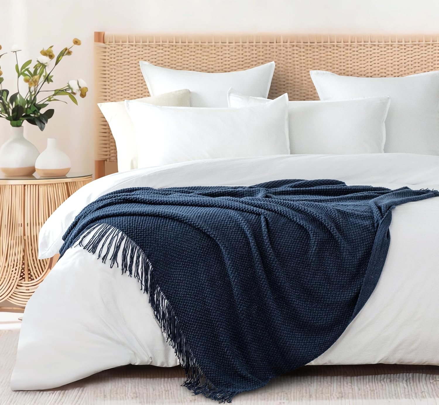 Micro Plush Knitted Woven Throw Blanket - Navy