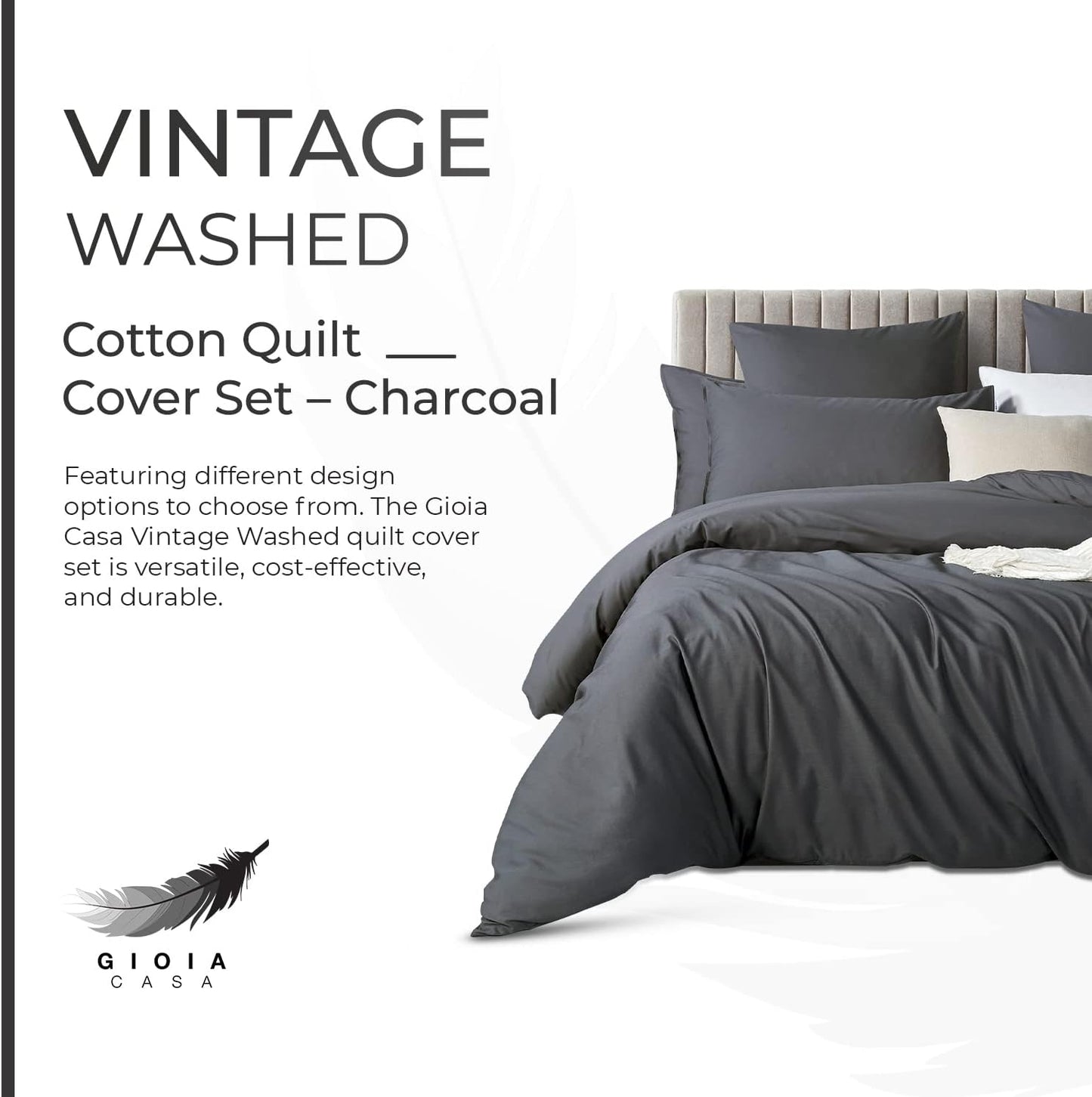 Vintage Washed 100% Cotton Quilt Cover Set 2PCS - Charcoal - Single