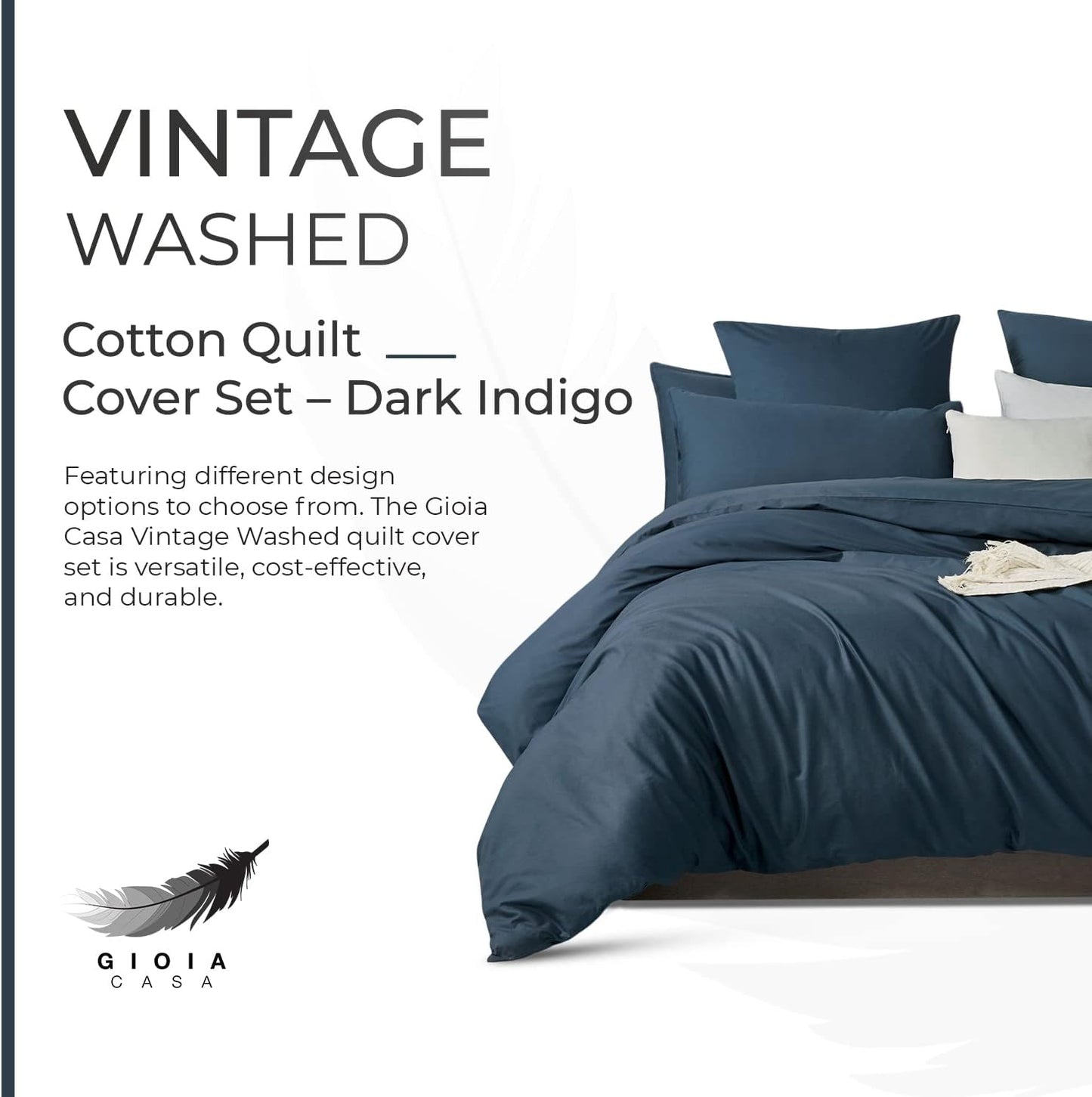 Vintage Washed 100% Cotton Quilt Cover Set 2PCS - Dark Indigo - Single