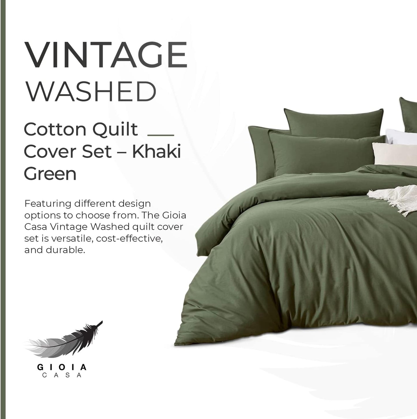 Vintage Washed 100% Cotton Quilt Cover Set 2PCS - Khaki Green - Single