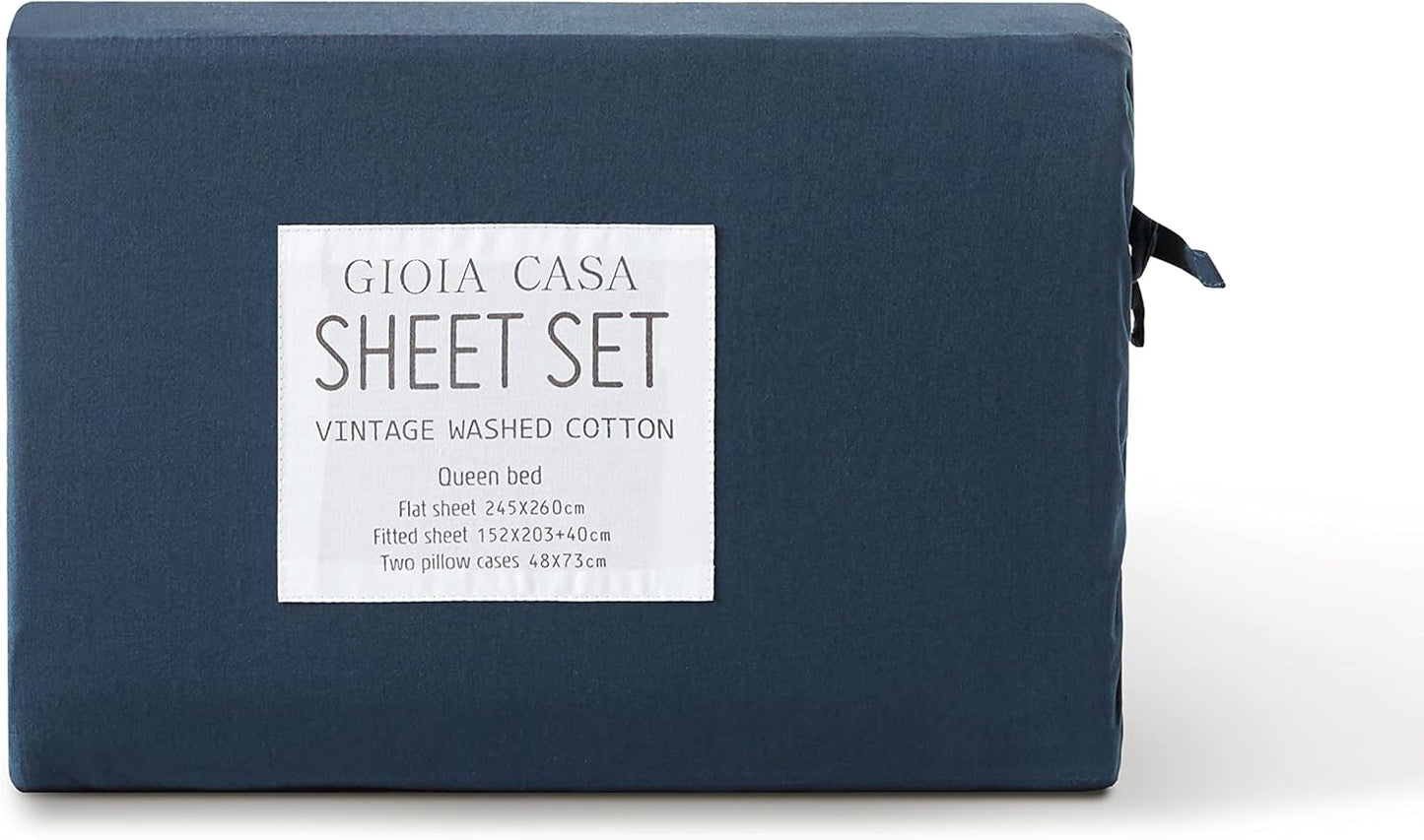 Vintage Washed 100% Cotton Sheet Set with 1 Pillowcase - Dark Indigo - Single