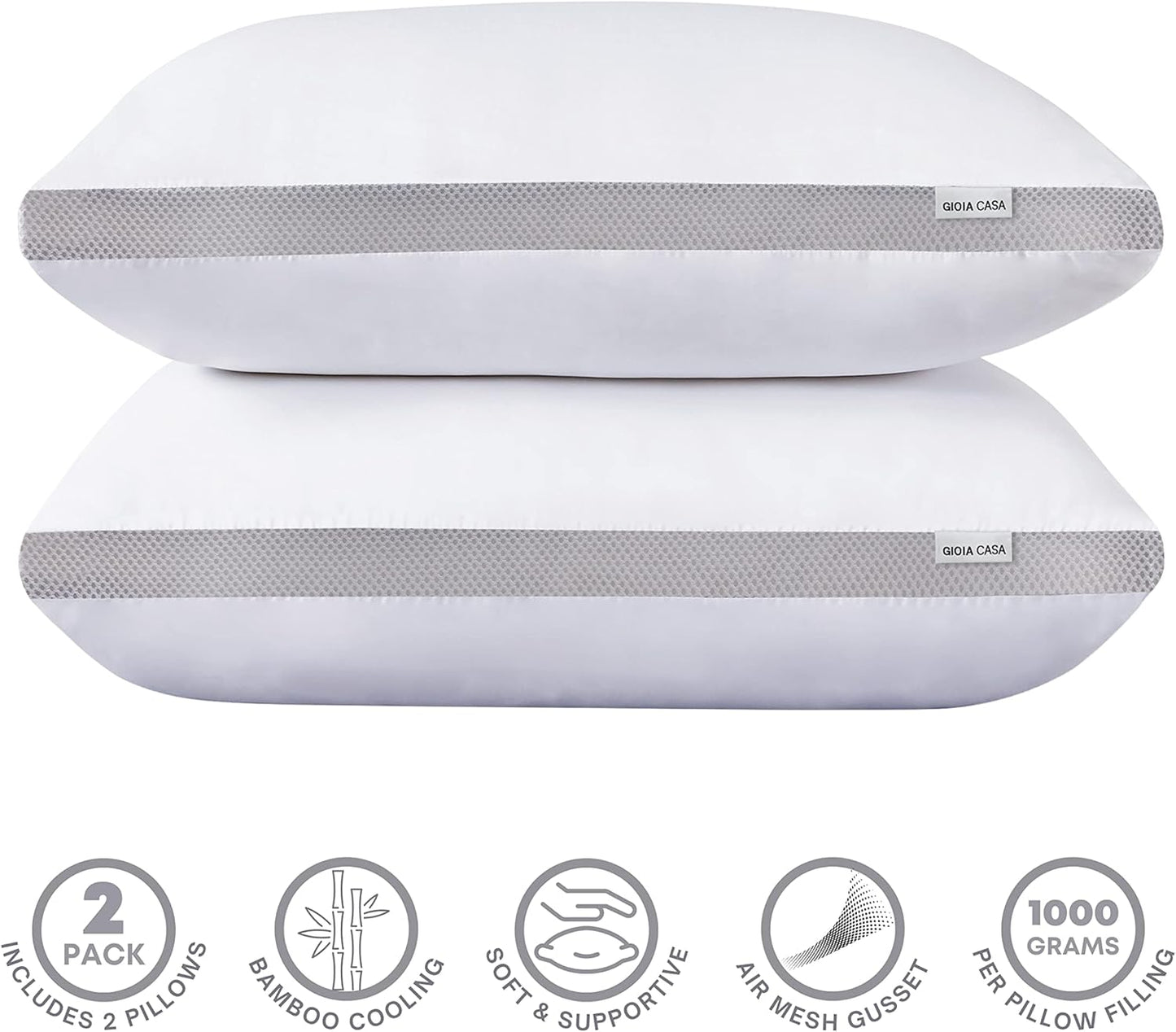 Bamboo Cooling Pillows Twin Pack Luxury Plush Down-Like Microfibre Ultra Soft, Comfy & Breathable Standard